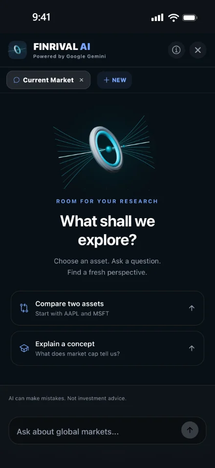 Finrival AI, powered by Google Gemini, with suggestions to compare two assets or explain a concept