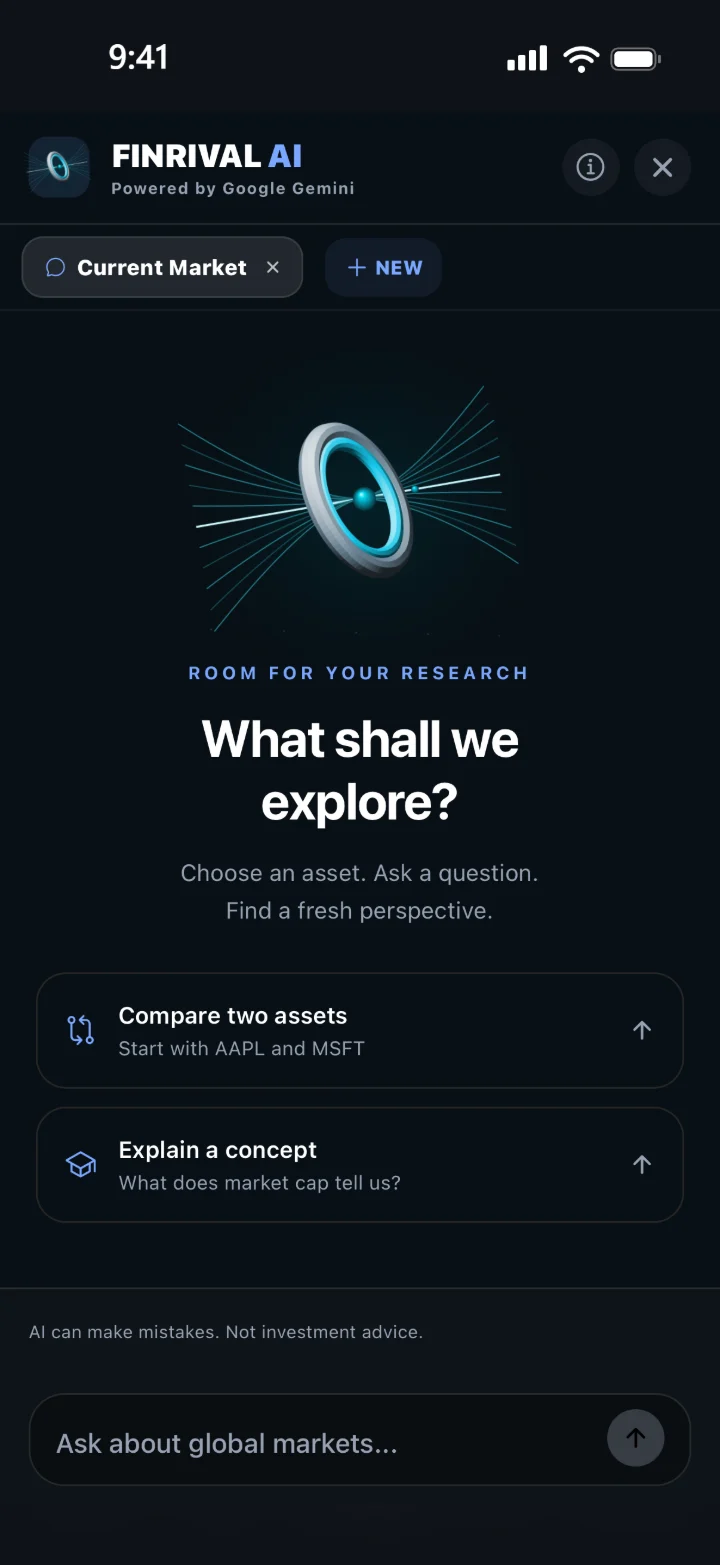 Finrival AI, powered by Google Gemini, with suggestions to compare two assets or explain a concept