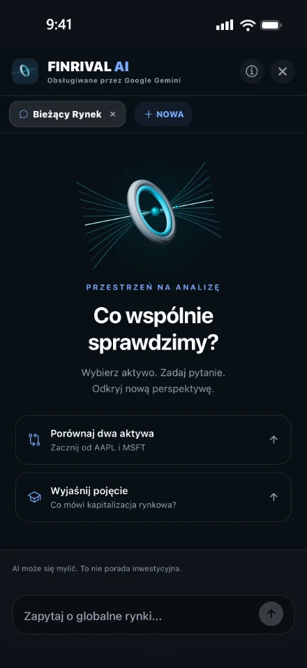 Finrival AI napędzany przez Google Gemini z propozycjami porównania dwóch aktywów lub wyjaśnienia pojęcia