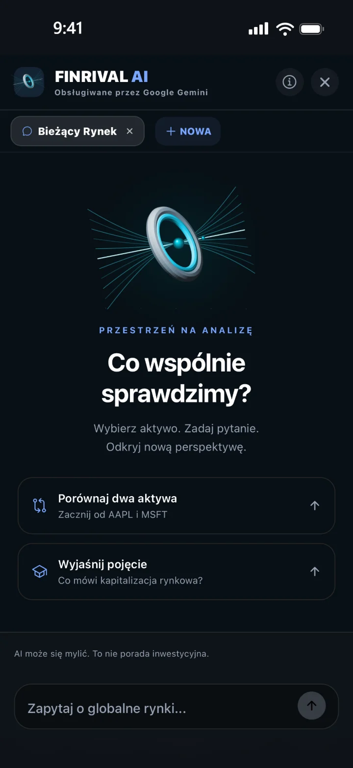 Finrival AI napędzany przez Google Gemini z propozycjami porównania dwóch aktywów lub wyjaśnienia pojęcia