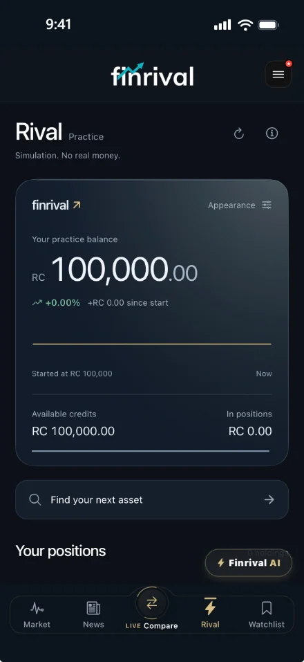 Finrival Rival practice screen with a balance of RC 100,000