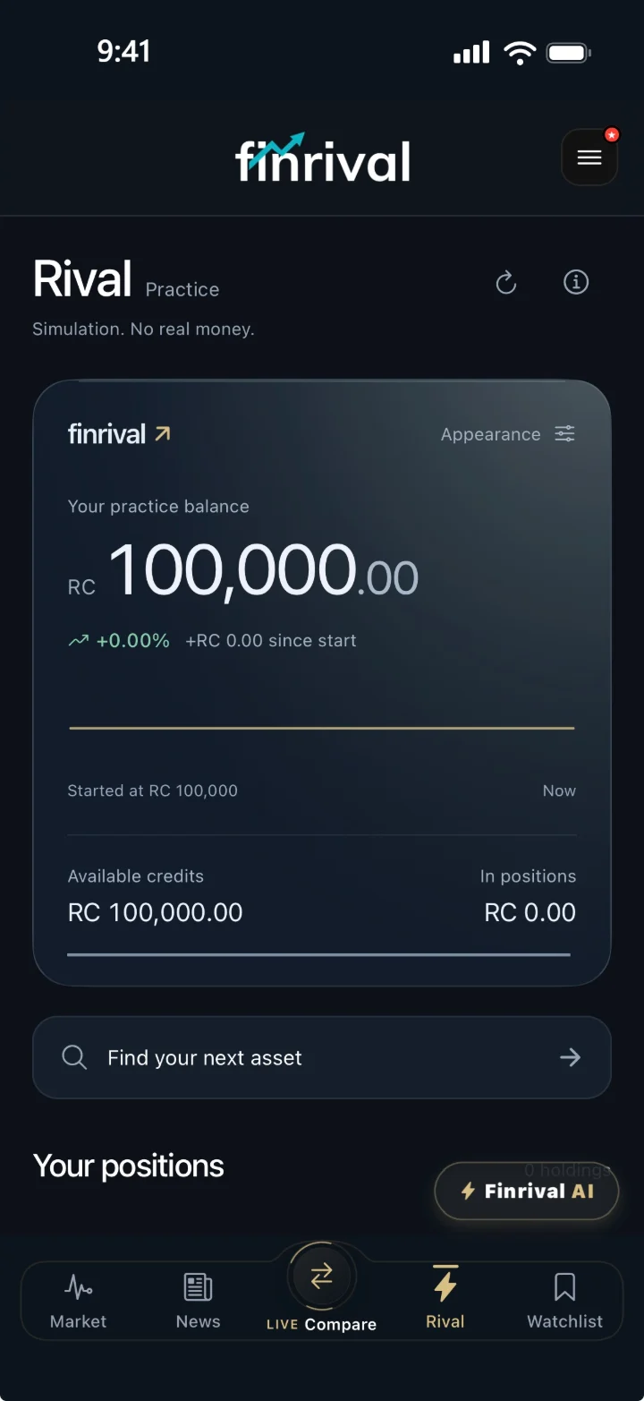Finrival Rival practice screen with a balance of RC 100,000