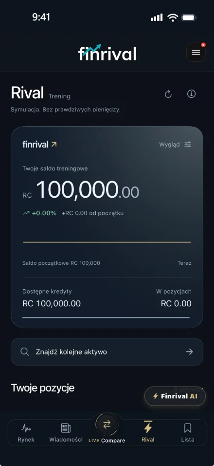Ekran treningowy Rival w Finrival z saldem RC 100,000
