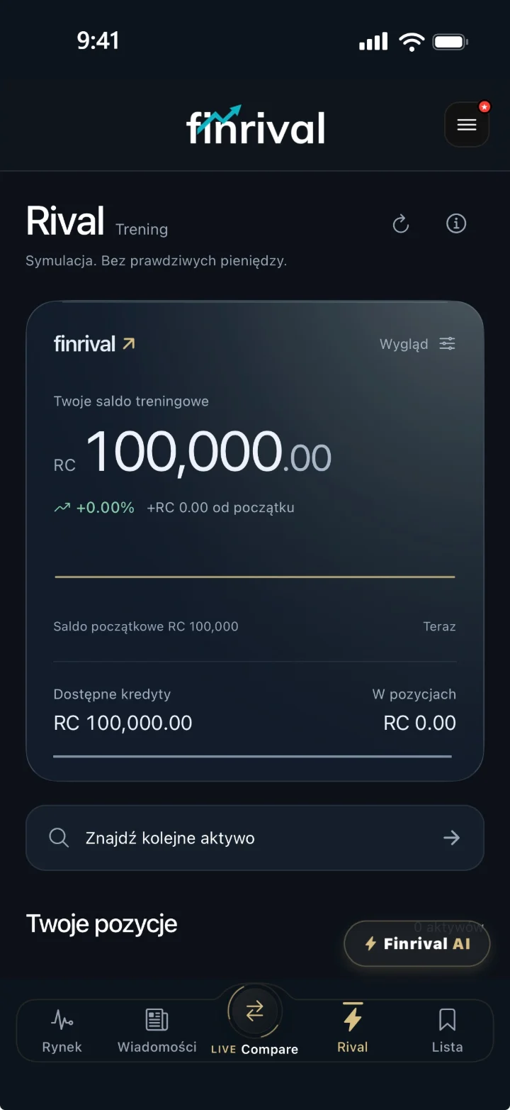 Ekran treningowy Rival w Finrival z saldem RC 100,000