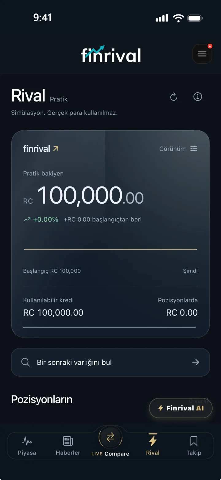 Finrival Rival pratik ekranı: RC 100,000 bakiye